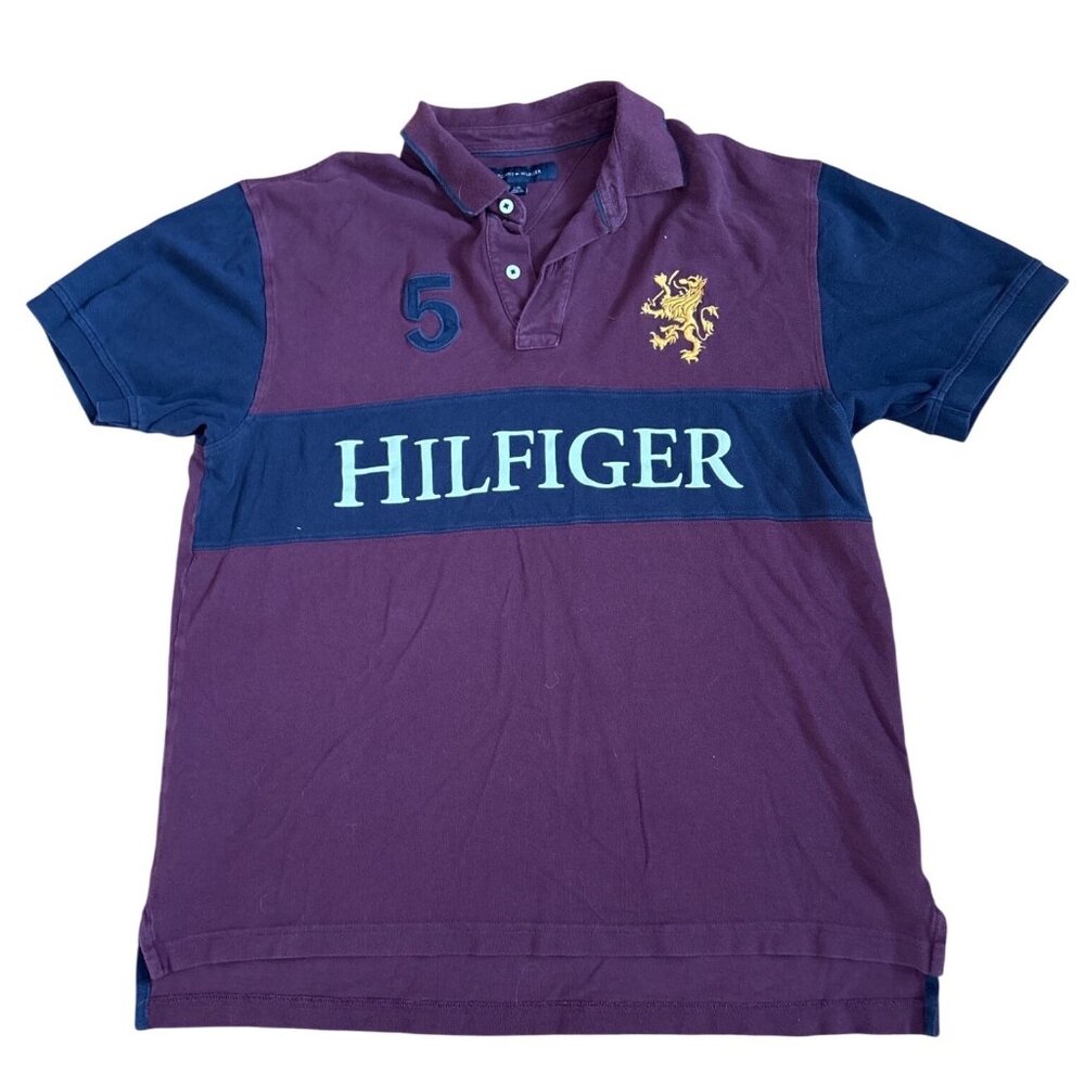 Tommy Hilfiger Shirt Mens Large Burgundy Polo Embroidered Lion & Number 5